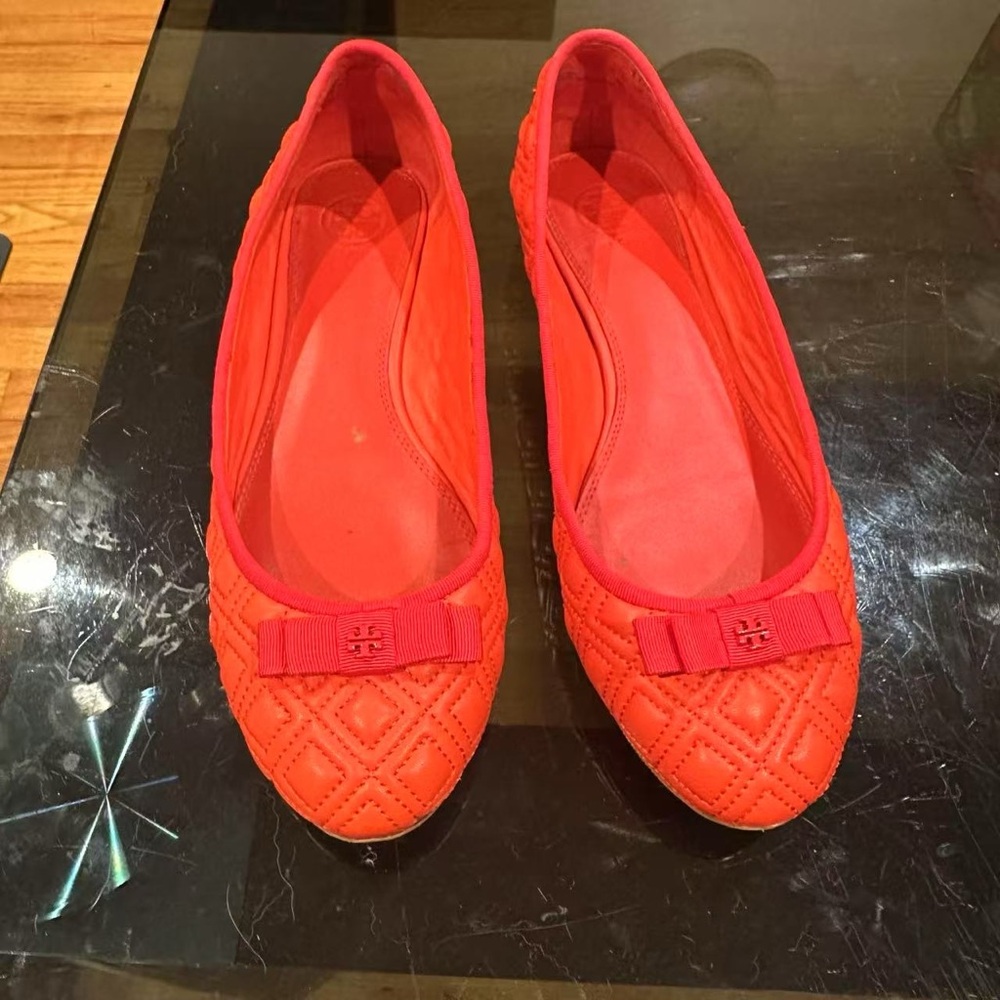 Tory Burch Red Quilted Flats with Bow Design